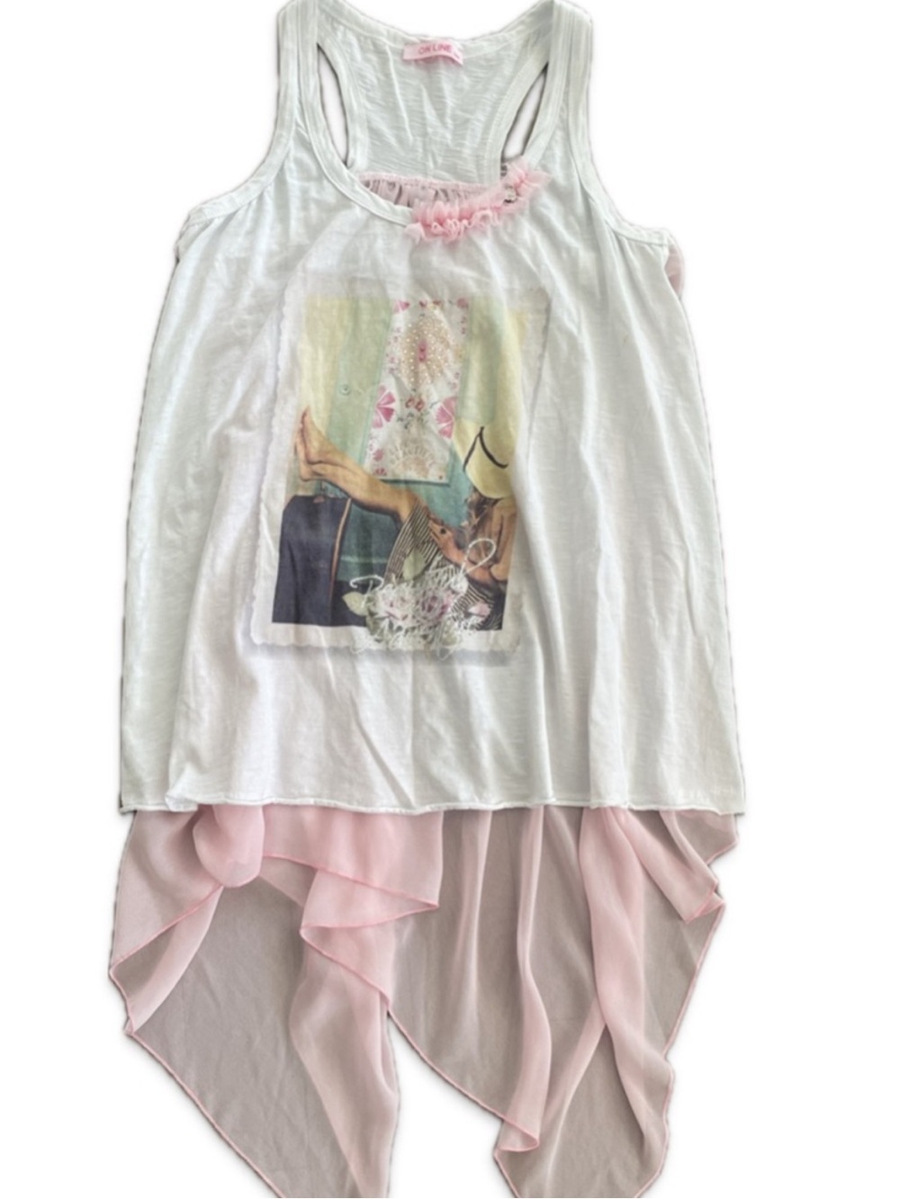 🇬🇷ON LINE White & Pink Chiffon Layered High Low Tank 🔥 Size Small Made in GREECE